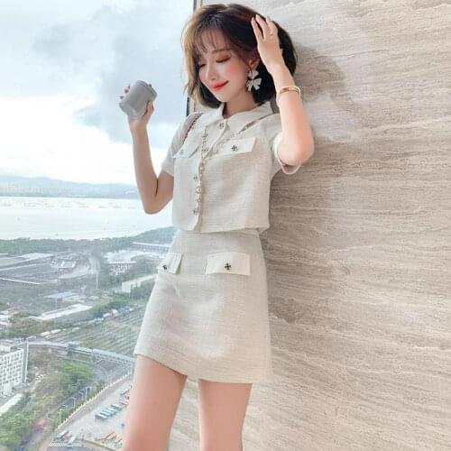 Women Two Pieces Sets Summer Lapel Single-Breasted Short Top + High Waist A-Line Thin Skirt Suits Female Amoi