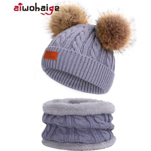Winter Childrens Knit Hat Scarf Sets Beanies Kids Ring Scarf Boys Girls Cute Pompom Hats Baby Warm Soft Cap Crochet Bonnet Ski