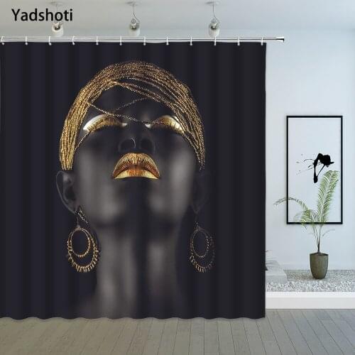American Afro Woman Shower Curtains Beautiful African Girl Women with Golden Lips Pattern Bathroom Decor 3D Print Cloth Curtain