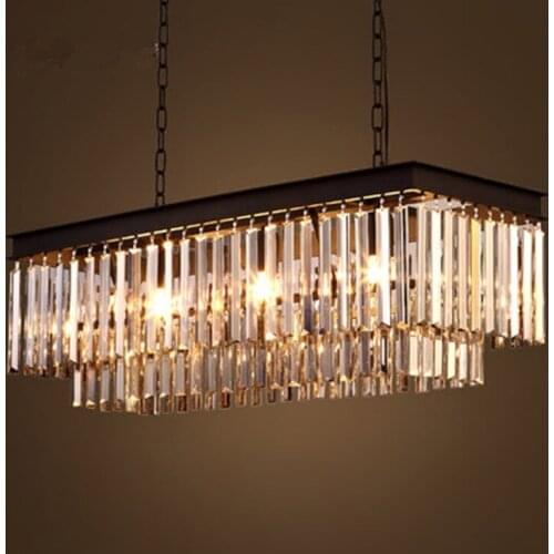 American Vintage Black Metal Gray / Amber / Clear Crystal Led Pendant Light Lustre K9 Tubular Crystal 2 Layers Pendant Light