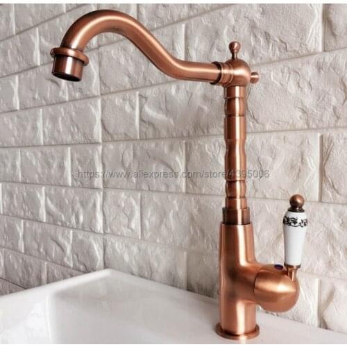 Antique Red Copper Swivel Spout Bathroom Sink Mixer Taps Single Handle Basin Faucet Bnf412