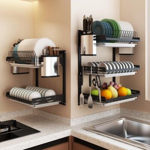 Black Stainless Steel Dish Rack Wall Hanging Bowl Plate Rack Drain Shelf Free-punching Kitchen Storage Organizer