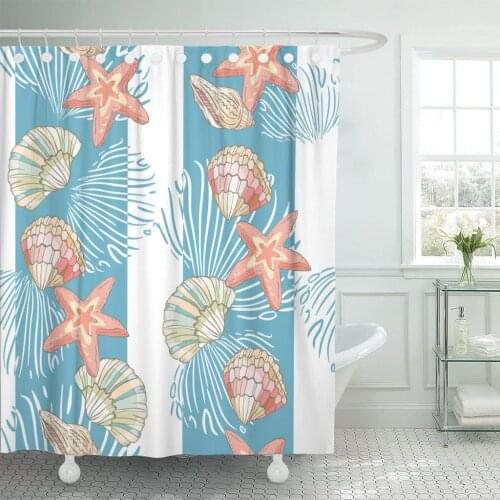 Blue Coral Stars and Shells Endless Stripes Colorful Fish Shower Curtain Waterproof Fabric 72 x 72 Inches Set with Hooks