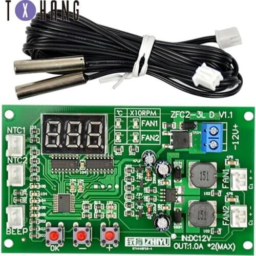 DC 12V Dual 3-wire Fan LED Intelligent Digital Temperature Thermostat Governor Speed Controller Switch Module NTC Sensor Control