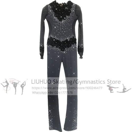 Figure Skating Jumpsuit Girls Women Ice Skating Catsuit for Girl Women Kids Customized Dark Grey Dance Costumes Spandex