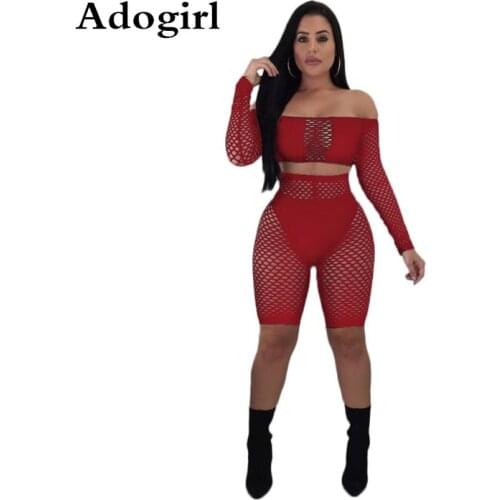 Mesh Fish Net Patchwork 3 Piece Set Slash Neck Long Sleeve Crop Top And Shorts With Underwear Briefs Plus Size 3XL Club Outfits