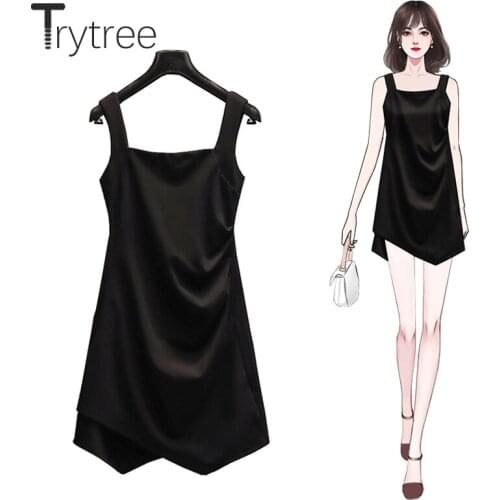 Trytree Summer Women Casual V-neck Sling Black Dress Solid A-line Folds Irregular Hem Elegant Temperament Mini Camisole Dress