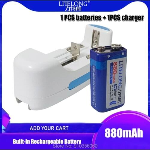 LITELONG 9V High capacity 880mAh li-ion lithium Rechargeable 9 Volt Battery + 2 slots 9v Dedicated charger for microphone