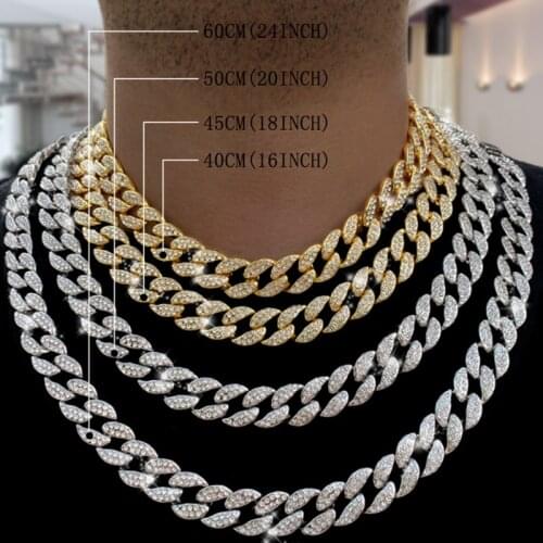 Miami Curb Cuban Chain Necklace 15mm 30inches Gold color IcedOut Paved Rhinestones CZ Bling Rapper Necklaces Men Hip Hop Jewelry