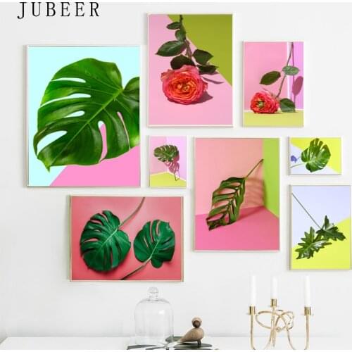 Monstera Cactus Canvas Painting Green Tropical Wall Art Plant Leaves Red Flower Posters and Prints Wall Pictures for Living Room
