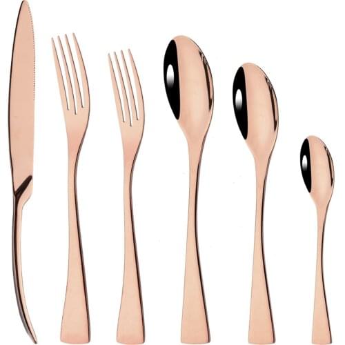 6Pcs Rose Gold 304 Stainless Steel Cutlery Set Knife Dessert Fork Tea Spoon Tableware Mirror Polished Dinnerware Flatware Set