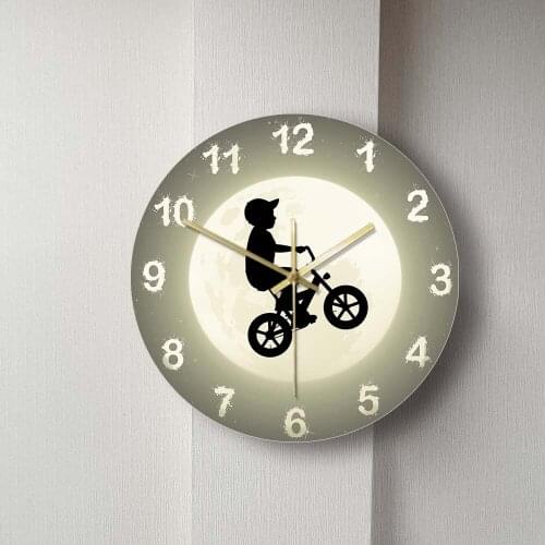 Sky Surreal Design Wall Clock Home Decor Full Moon In Starry Boy On Bike Flight In Dream Wall Art Haning Watch For Kids Room