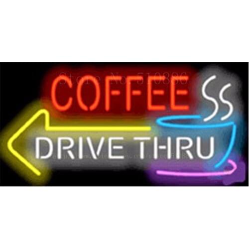 Custom Neon Sign For Coffee Drive Thru with Left Arrow Glass Tube Display Light Lamp Bar Beer Decor Bulbs Neon Signs 19"x15"