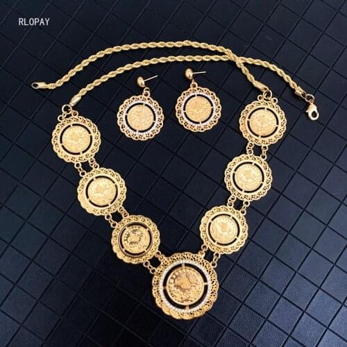 New Turkish Ottoman Earring Necklace Set Round Flower Coin Necklace Set In Gold Luxury Coin Bridal Jewelry Set