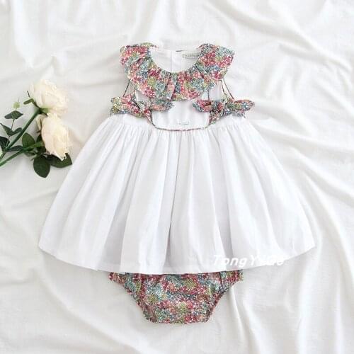 Spanish style New fashion girls dress set floral pattern ruffles collar sleeveless white baby dress +shorts