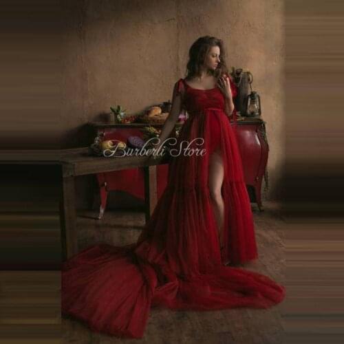 Charm Two Pieces Red Tiered Tulle Maternity Dress Ling Robe Bodysuit And Detachable Tulle Skirt Pretty Baby Shower Gowns Bridal