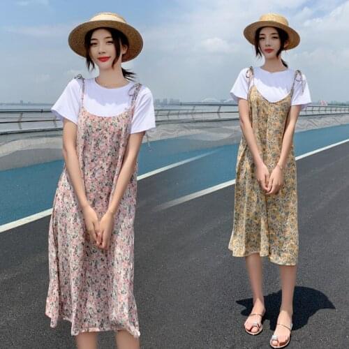 6671# Maternity Dress Summer Floral Chiffon Short Sleeve Loose Stylish Two Pieces Dress for Pregnant Women Mom Dress