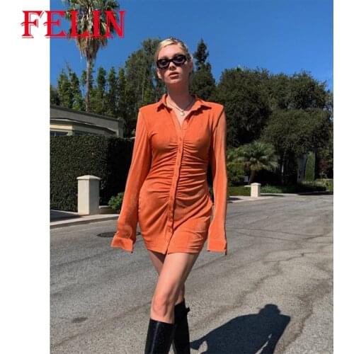 FELIN Za Pleated Turn-Down Collar Button Vintage Velvet Dress Women Sexy Mini Dresses Solid Streetwear Female Shirt Vestidos