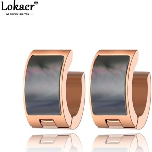 Lokaer Classic Stainless Steel Black Shell Wedding Earrings For Women Rose Gold Crystl Hoop Earrings For Christmas Gift E19283