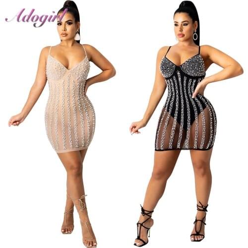 Sexy Sheer Mesh Patchwork Pearl Diamond Strapless V Neck Evening Club Mini Dress Women2021 Elegant See Through Backless Vestidos