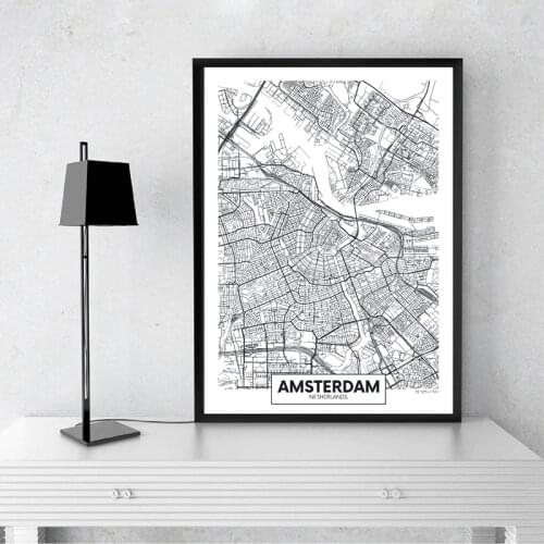 Modern City Amsterdam Map Minimalist Canvas Painting Black and White Wall Art Print Poster Pictures For Living Room Home Decor