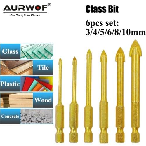 6pcs 1/4" Hex Shank Glass Bits Titanium Coated Glass Drill Set 3 4 5 6 8 10mm Tile Concrete Flat Tip Hole Bit Drilling DB02008