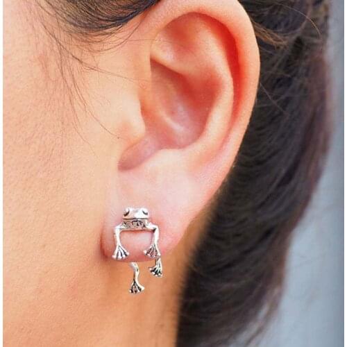 Vintage Silver Color Frog Stud Earrings For Women Girls Hiphop Punk Creative Animal Piercing Earring Party Fashion Jewelry