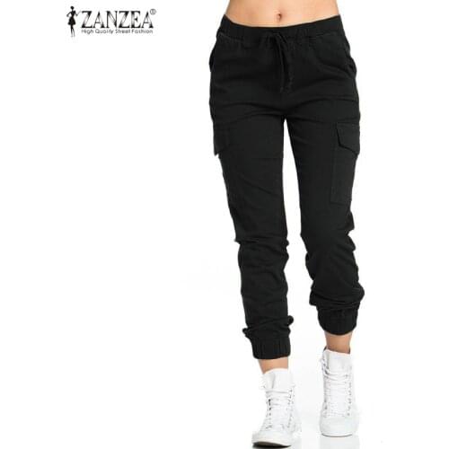 Womens Pants ZANZEA 2021 Fashion Drawstring Elastic Waist Long Trousers Casual Solid Pantalon Femme Loose Pockets Streetwear 7