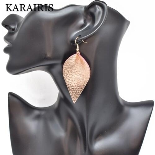 KARAIRIS Fashion Litchi Genuine Leather Leaf Dangle Earrings for Women Trendy Bohemia Jewelry Leaves Drops Leather Earrings