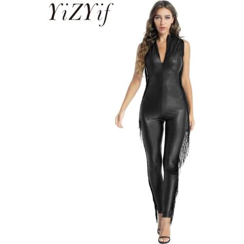 Women Fringed Catsuit Clubwear Faux Leather Latex Bodysuit Tassel Skinny Jumpsuits Mock Neck Sleeveless Bodysuit Slim Fit Romper