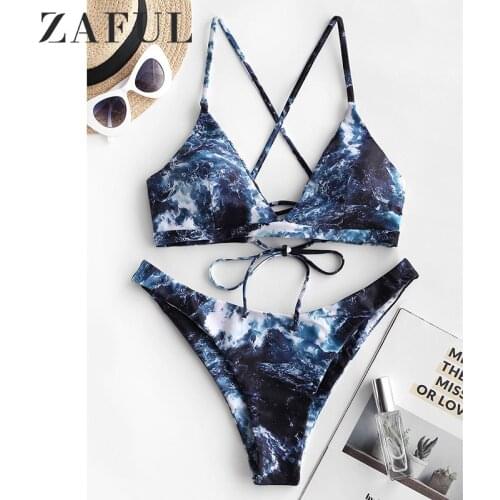 ZAFUL Cross Marble Lace-up Bikini Set Spaghetti Straps Swimsuit Women Sexy Push Up Swimsuit Beach Bathing Swimwear Suit
