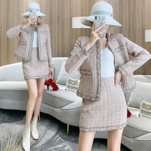 Vintage Fashion Autumn Winter Two Piece Set Womens Round Neck Beaded Tweed Jackets Woolen Coats + Short Skirts Sets