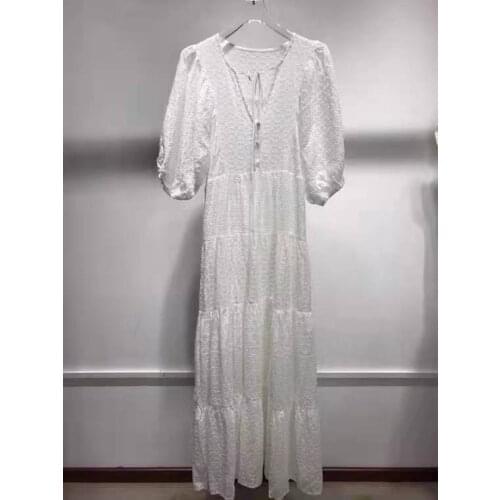 Bohemian Long Dress 2021 Summer Casual Beach Women V-Neck Allover Exquisite Embroidery Short Sleeve Casual White Maxi Dress