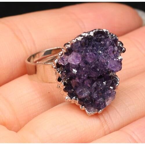 1pc Natural Raw Amethysts Druzy Ring Adjustable Quartz Stone Boho Amethysts Rings for Women Gift Fashion Female Jewelry Reiki