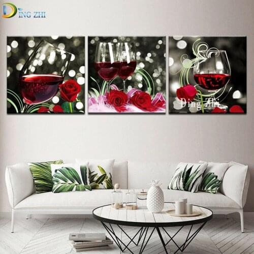 5D Diamond Paintings Home Decor Red Wine Rose 3pcs Diamond Embroidery Restaurant Bar Triptych Modern Art Flower Beaded Crafts