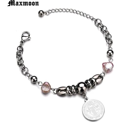 Maxmoon Saint Benedict Evil Protection Charm Pearl Beaded Bracelets Rosario Stainless Steel Beads Bracelet