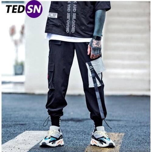 2020SS Multi Pockets Cargo Pants Mens Casual Harem Baggy Joggers Harajuku Streetwear Hip Hop Tactical Ribbon Loose Sweatpants