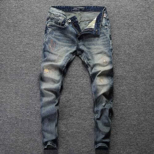 European Vintage Fashion Men Jeans Retro Blue Slim Fit Ripped Jeans Men Streetwear Embroidery Designer Casual Cotton Denim Pants