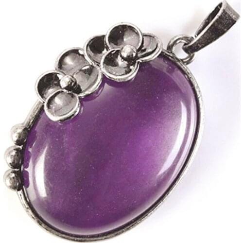 FYJS Unique Jewelry Silver Plated Antique Flower Oval Shape Natural Purple Amethysts Stone Pendant