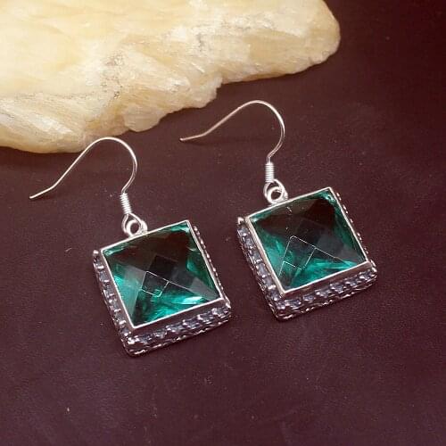 Gemstonefactory Big Promotion 925 Silver Vintage Square Green Topaz Dangle Drop Earrings Jewelry Gift for Women 20213681