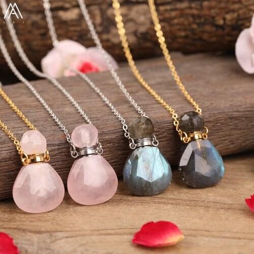 Exquisite Women Natural Stone Perfume Bottle Necklace Women Roses Quartz Flash Labradorite Pendant Gold Chains Necklace Dropship