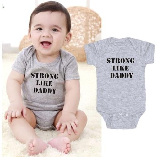 STRONG LIKE DADDY Letter Print Newborn Baby Boy Girl Short Sleeve Romper Toddler Playsuit Infant Jumpsuit Gray One-pieces Outfit