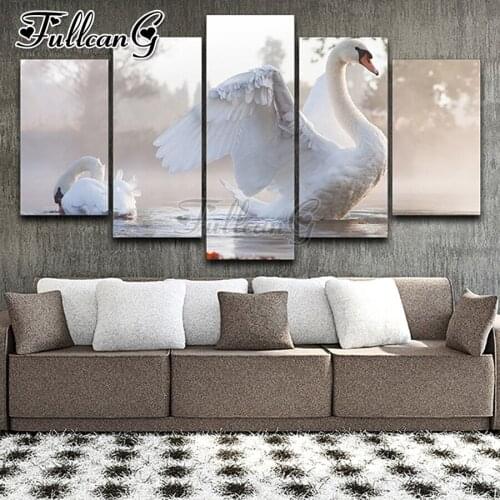 FULLCANG White Swan Lake 5 piece diy diamond painting large full square round drill mosaic embroidery multi-picture FC3156
