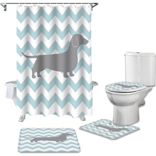 Dachshund Dog Silhouette Shower Curtain Sets Non-Slip Rugs Toilet Lid Cover and Bath Mat Waterproof Bathroom Curtains