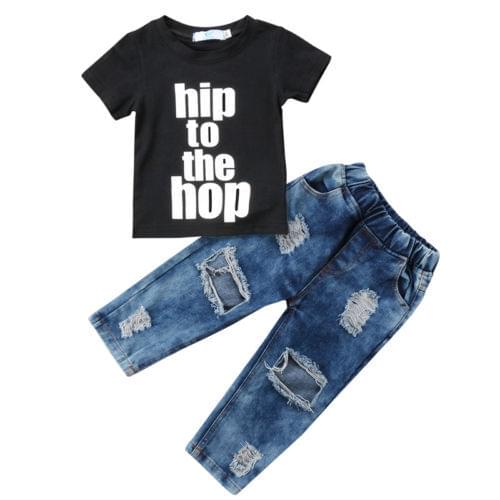 Newborn Toddler Kids Baby Boys Clothes Cool T Shirt Tee Tops+Denim Hole Pants Outfits Set