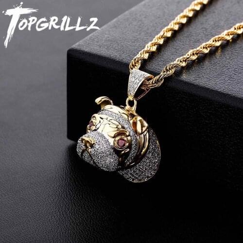 TOPGRILLZ Hip Hop Dog Head Necklace Pendant Charm For Men Women Gold Silver Color Cubic Zircon Jewelry Gifts