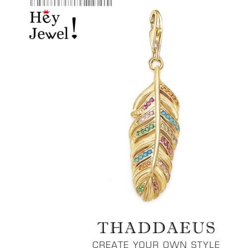 Feather Gold Charm Pendant Fit Bracelet Women 2021 Summer 925 Sterling Silver Rainbow Colours Jewelry Accessories Bohemia Gift