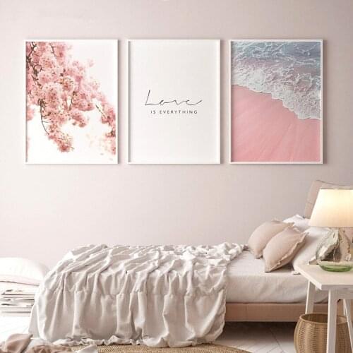3 Piece Scandinavian Style Poster Sea Beach Decorative Picture Pink Flower Wall Art for Living Room Nordic Decoration Home Decor