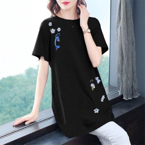 Plus size Leaves Embroidered cotton women Tshirts 2021 Summer O-Neck ladies tees female t shirt short sleeve t-shirts top