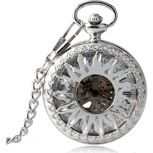 Silver Fire Automatic Mechanical Steampunk Fob Pocket Watch Necklace Stylish Hollow Sun Case Chain Self Winding Mens Watches